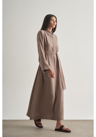 Mizalle Modal Karışımlı Kuşaklı Vizon Rengi Uzun Gömlek Elbi Vizon