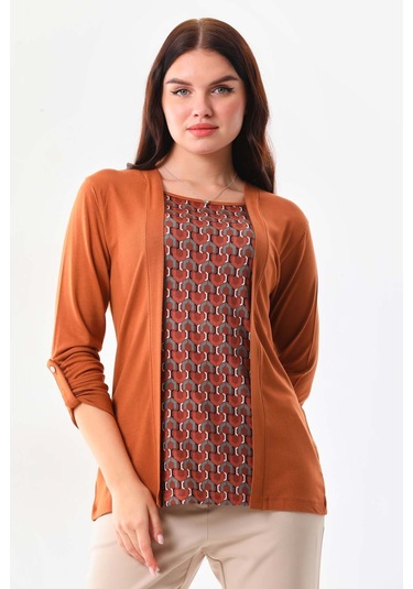 Sistas Kadın Desenli Uzun Kol Bluz 23525 Camel