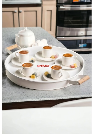 Qerhome 37cm Ahşap Kulplu Beyaz Metal Tepsi Yuvarlak Tepsi Çay Sunum Tepsisi Beyaz