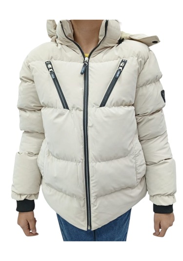 Kız Çocuk /erkek Çocuk Çapraz Fermuar Model Kapüşonu Çıkabilen İçi Peluş Astarlı Bej Renk Mont Bej