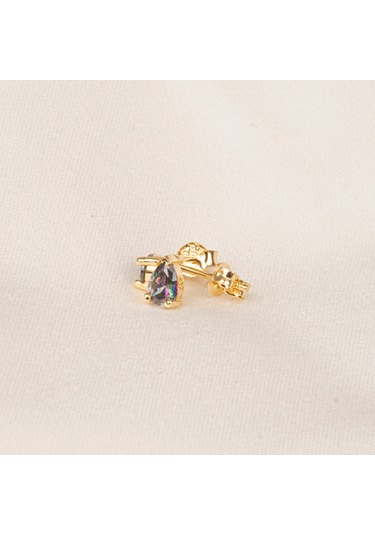 Altın Küpe - 14 Ayar Altın Damla Desenli Mistik Topaz Taşlı Küpe Sarı