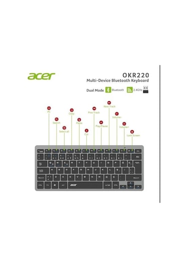 Acer Okr220 Multidevice Dual Mode 2.4ghz Bluetooth Klavye Siyah