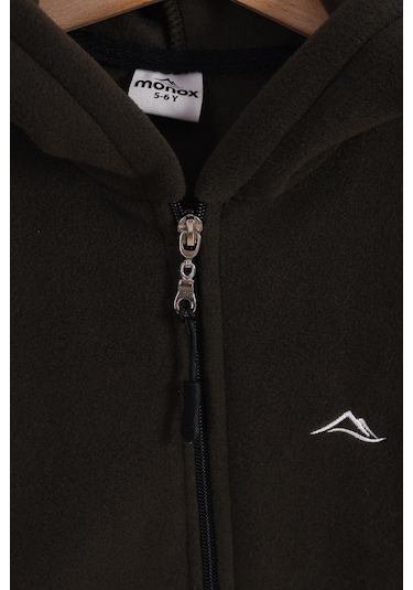 Monox Lastik Manşetli Fermuarlı Kapüşonlu Çocuk Unisex Polar Ceket Haki