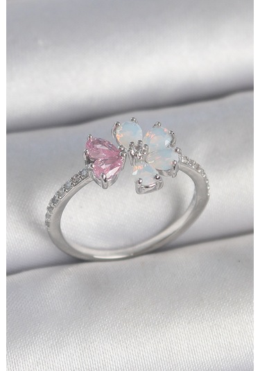 Pirinç Gümüş Renk Beyaz Mineli Pembe Zirkon Taşlı Çiçek Model Kadın Yüzük - Tj-byk3708