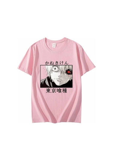 Pembe Japon Animesi Tokyo Ghoul T Shirt Erkekler Kawaii Karikatür Kaneki Ken Grafik Tees Moda Unisex Tshirt Yaz Üstleri T-shirt Erkek Pembe
