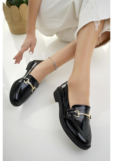 Muggo Sussie Garantili Metal Tokalı Kadın Loafer Günlük Ayakkabı Siyah Rugan