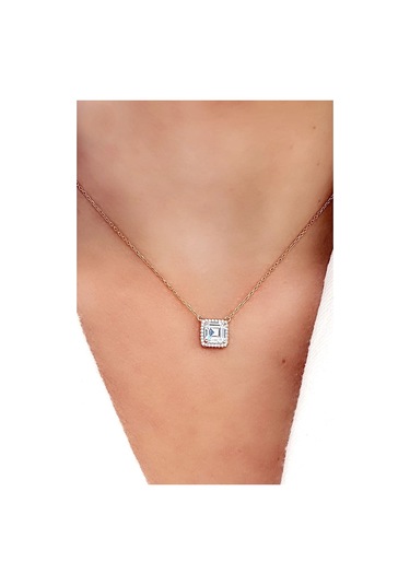 Baget Swarovski Taşlı 925Ayar Gümüş Rose Kare Tek Taş Kolye