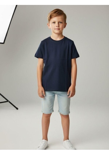 Zekids Çocuk Pamuklu Basic Yuvarlak Yaka T-shirt-16714 Lacivert