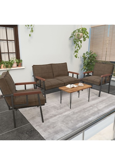 Mygusi Modern Balkon, Bahçe, Cafe - Metal Kanepe Koltuk Takımı - 2+1+1 Sehbalı Kahve
