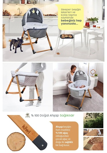 Kiwi Sleeper Anne Yanı Reflü Ayarlı, Tekerli, Katlanır Ahşap Beşik - Antik Bohem Desenli