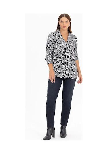 Galaxi 3051002 Kadın Büyük Beden Desenli Kruvaze Yakalı Gömlek Siyah