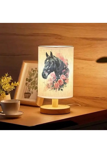 Willowhaven 24x10 Kara At Baskılı Ahşap Renk Masa Lambası Led Işık Usb Şarjlı Yatak Başı Lamba Hediye Füme