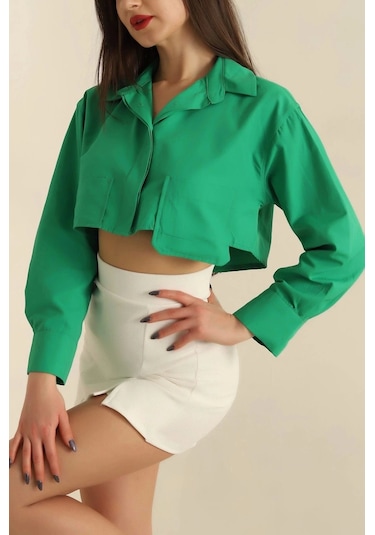 Defymoda Poplin Crop Gömlek Yeşil S3060 Yeşil