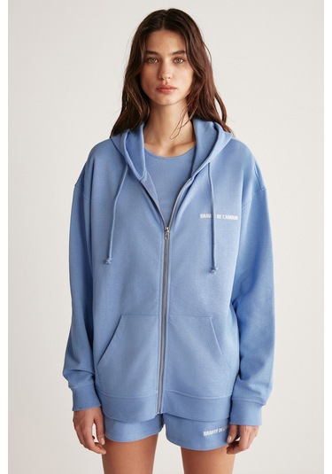 Ametıs Kadın Oversize Organik Pamuklu Metal Fermuarlı Kapüşonlu Mavi Sweatshirt