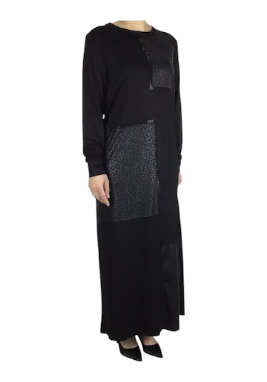 Kadın Önü Deri Detaylı Uzun Elbise Siyah