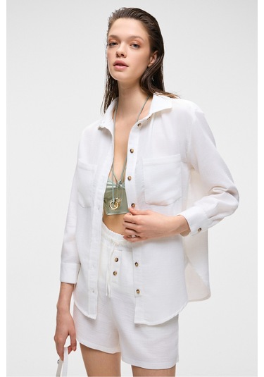 Rea Kadın %100 Pamuk Müslin Kumaş Rahat Kesim Düğmeli Regular Fit Ekru Gömlek