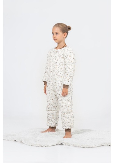 Kız Erkek Çocuk Kalın Elyaf Dolgulu Premium Kalite 2.5 Tog Desenli Uyku Tulumu Ekru - Kahverengi