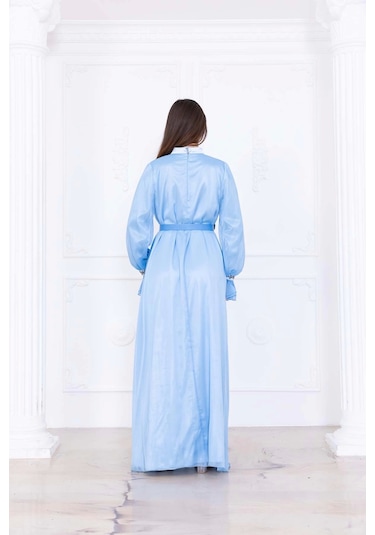 Yaka Fırfırlı Boncuk İşlemeli Şifon Abiye 2716-bebe Mavisi Bebe Mavisi Mavi