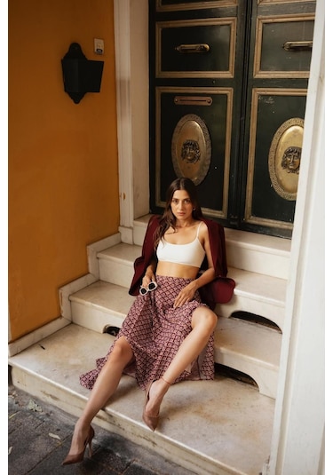 Kadın Desenli Yırtmaçlı Etek Frn4053 Bordo