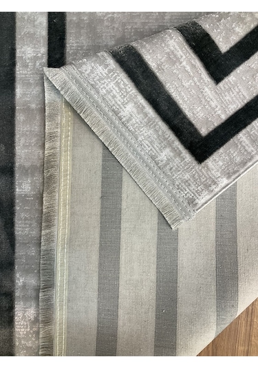 Saraz Halı Çerçeve Model Bambu Yıkanabilir Parlak Halı Gri Çizgi Gri-gri