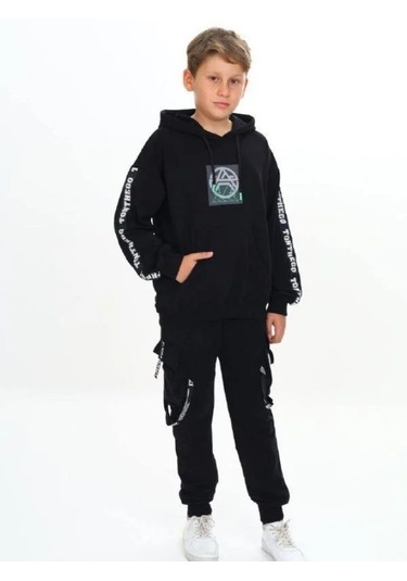 Çocuk Kapüşonlu Stay Strong Yazılıi Sweatshirt-14816 Siyah