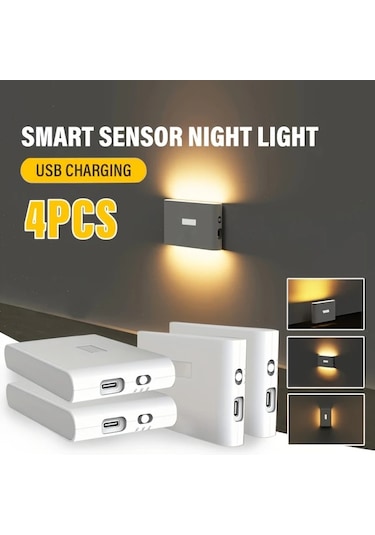 Honeybeeshop 4 Adet Led Sensörlü Şarj Edilebilir Usb Duvar Aplike Hareket Sensörlü Ayarlanabilir Işık Yatak Odası Koridor Dolap Mutfak