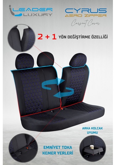 Peugeot 306 Uyumlu Deri Detaylı Oto Koltuk Kılıfı Ön Arka Takım Cyrus Siyah Mavi