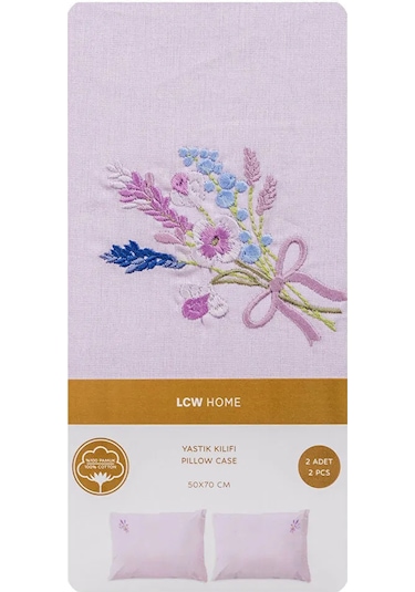 Lila Çiçek Nakışlı Pamuklu Yastık Kılıfı 50x70 Cm