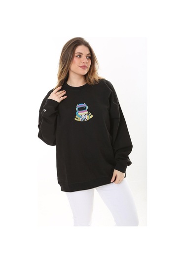 Kadın Büyük Beden Siyah Pamuk Kumaş Nakışlı Sweatshirt 65n37617-siyah Siyah