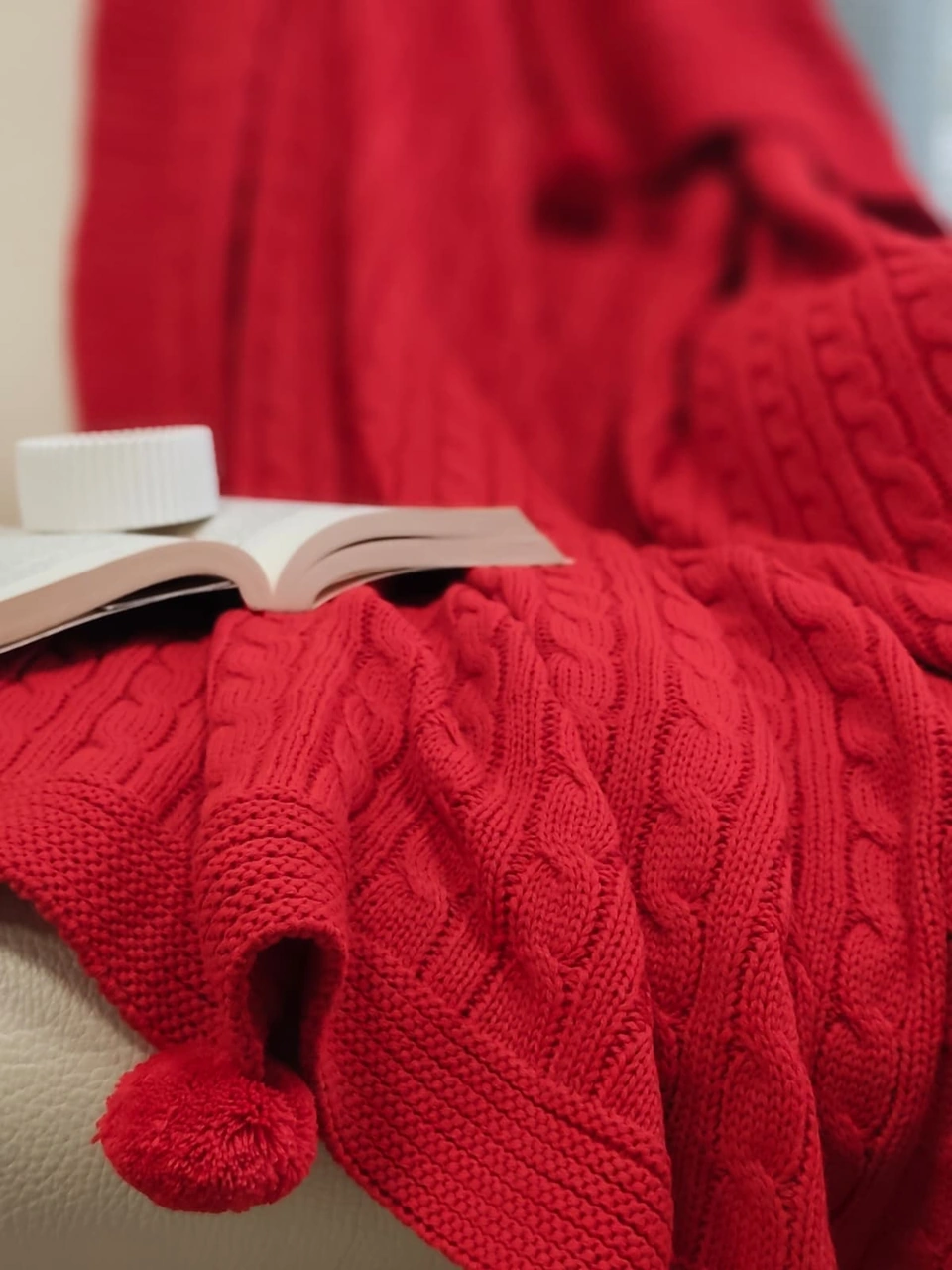 Ponponlu Triko Örgü Battaniye-örgü Koltuk Şalı & Diz Battaniyesi-130x170 Cm Kırmızı Kırmızı