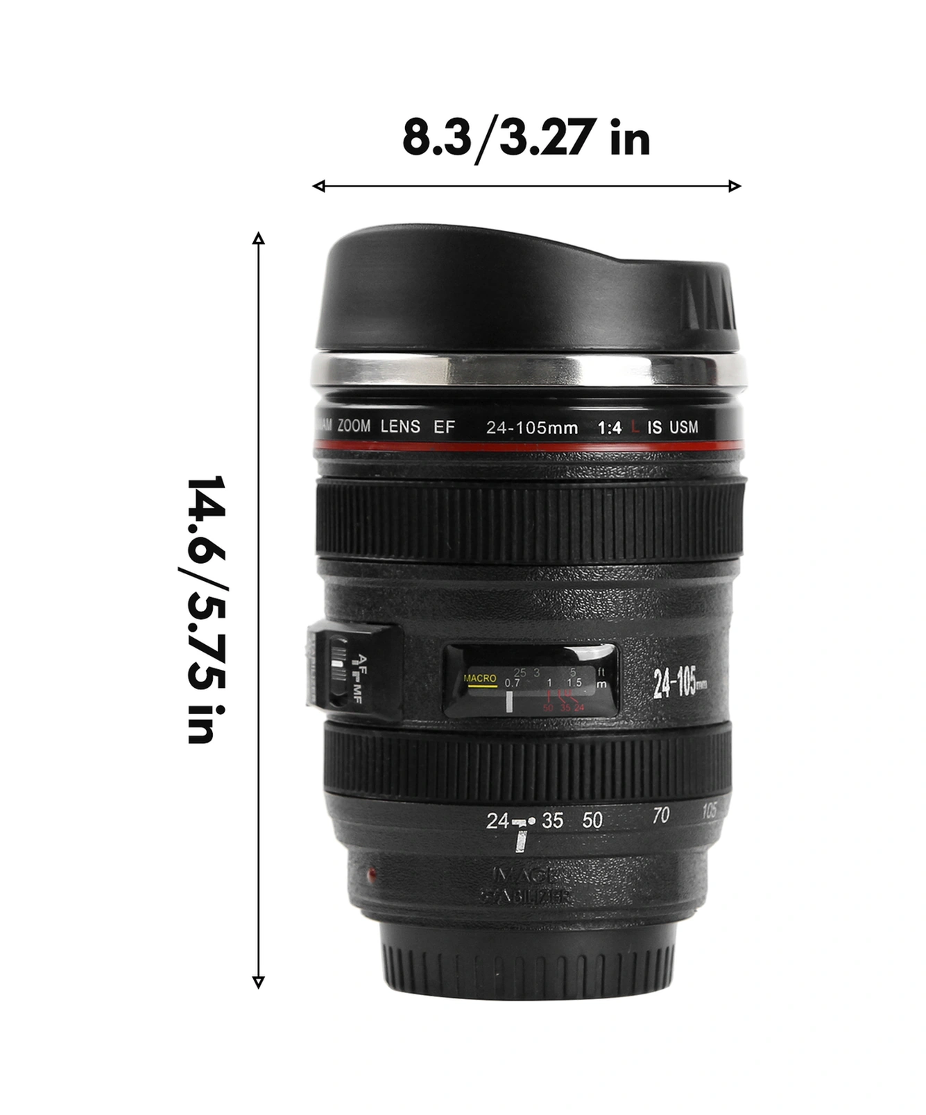 Yuntech01 Kamera Lens Tasarım 400ml Paslanmaz Çelik Termos Bardak, Photographer Hediyesi, Sızıntı Engeli, Siyah Beyaz