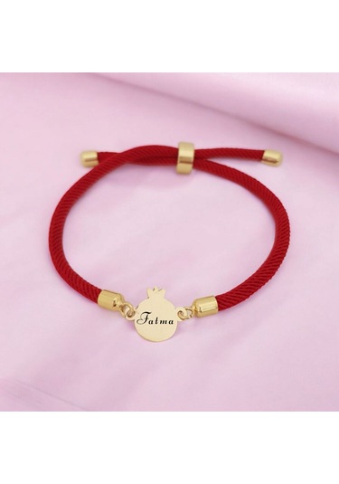 Fatma İsmine Özel İpek Örgülü 14 Ayar Altın Plakalı Nar Motifli Hediye Bileklik-323isim-kırmızı Altın