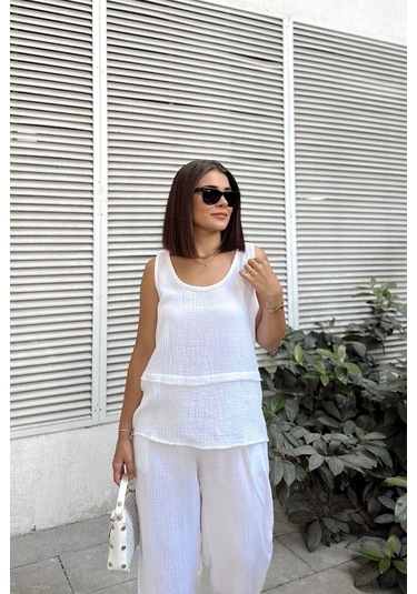 Beyaz İthal Müslin Kumaş, Basic, Katlı, Salaş Askılı Bluz & Atlet Beyaz