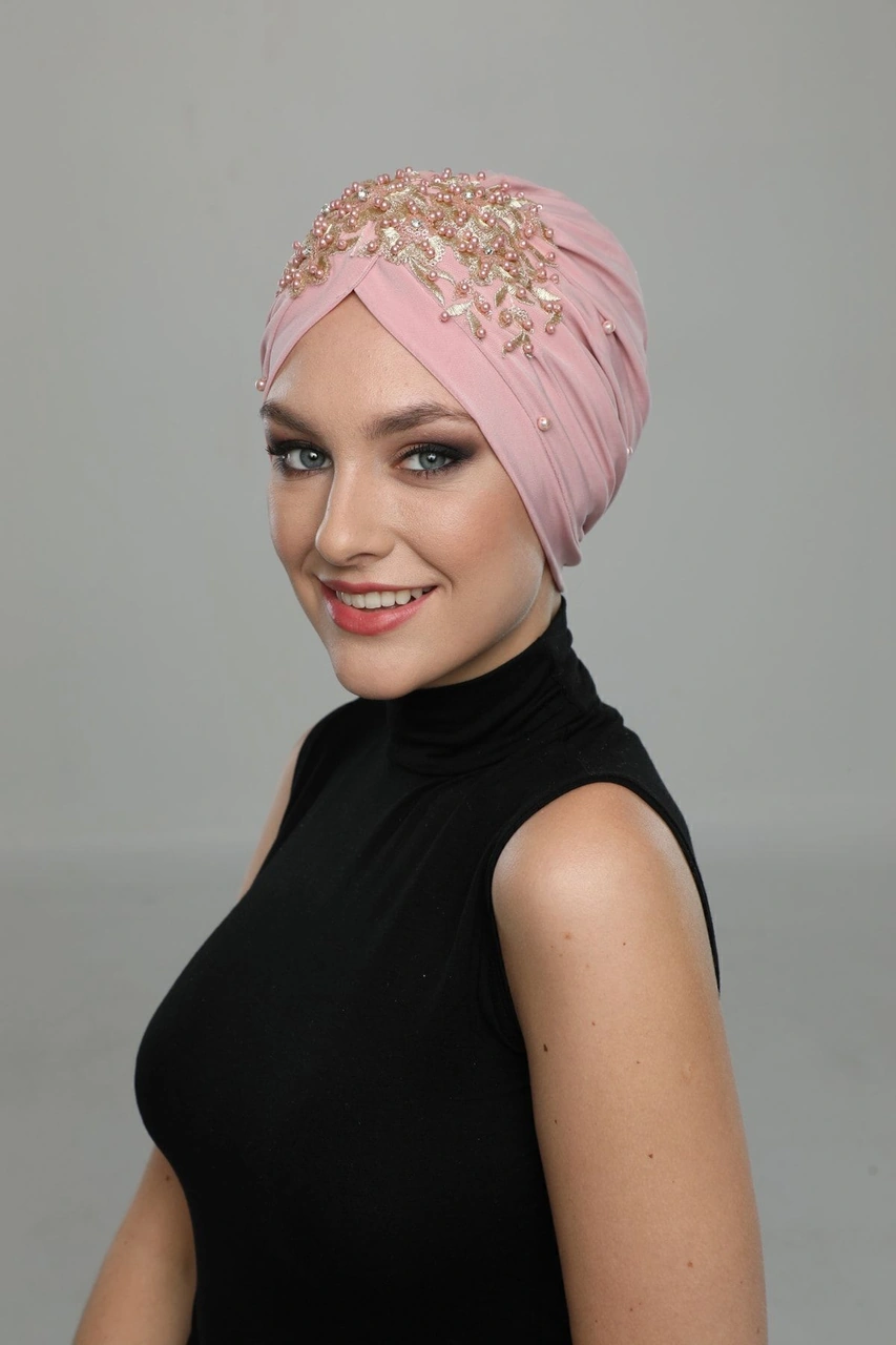 Kopma Astarlı Işlemeli Pudra Sırma Motifli Hazır Türban Tesettür Abiye Bone Pudra Sırma