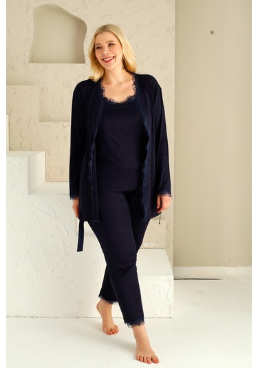 Sabahlıklı Dantel Detaylı Pegasus Kadın Pijama Takımı-çeyizlik Takım- Geniş Beden Aralığı Lacivert