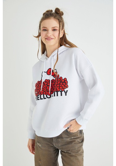 Hello Kitty Lisanslı Baskılı Kapüşonlu Kalın Sweatshirt Çok Renkli