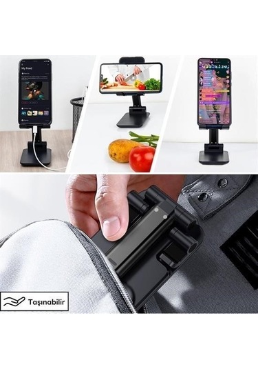 9068040791099 - Buffer Siyah Aynalı Cep Telefonu Sabitleyici Stand Katlanabilir Ayarlanabilir Telefon Standı