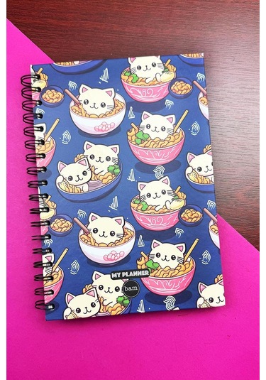 Kedi Noodle Tasarımlı Spiralli Sticker'lı Tarihsiz Konuşan Ajanda Haftalık Planlayıcı Defter renkli