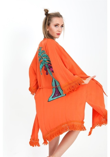 Kimono Palmiye Baskılı Püsküllü - Turuncu-turuncu Turuncu