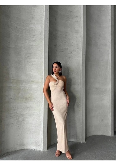 Tek Omuz Pliseli Elbise Bej