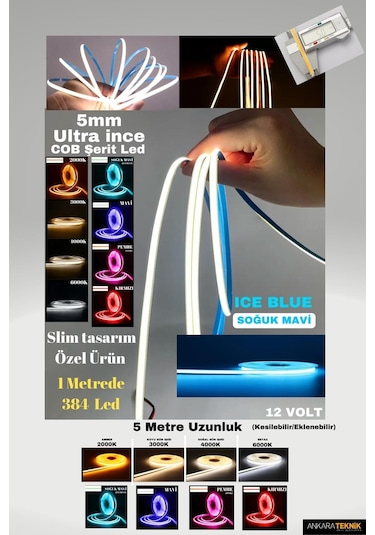 Ultra Ince 5mm. Kalınlık Cob Şerit Led Ice Blue Neon Gibi Yanar.