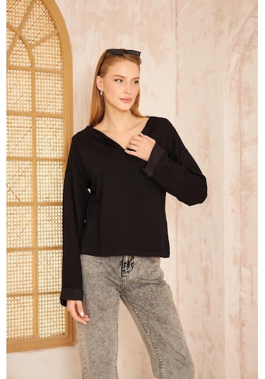 Kadın Ekstra Uzun Duble Kol / Yakası Yırtmaçlı Salaş Sweatshirt Bluz 3470190 Siyah