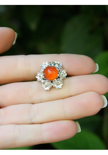 Esha Store Doğal Taş Akik Doğal Taşlı Çiçek Model Telkari Kadın Ayarlanabilir Gümüş Kaplama Yüzük Euy61ar Kırmızı