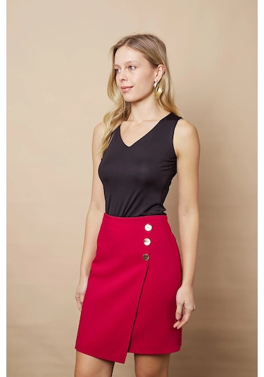 Kadın Arkadan Fermuarlı Düğme Detaylı Hafif Likralı Kumaş Diz Üstü Kalem Etek-bordo Bordo