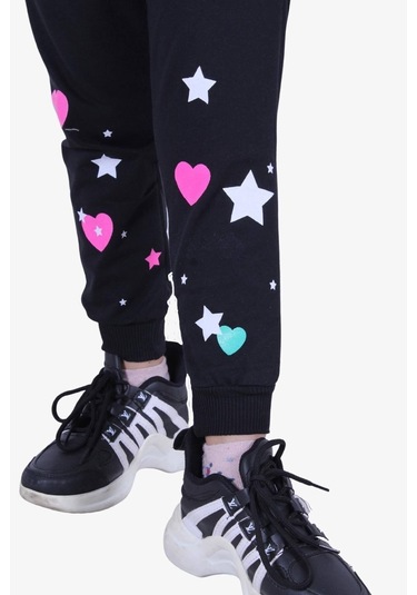 Fyk Kids Baskılı, Kalp Desen Detaylı Kız Çocuk Eşofman Altı Siyah