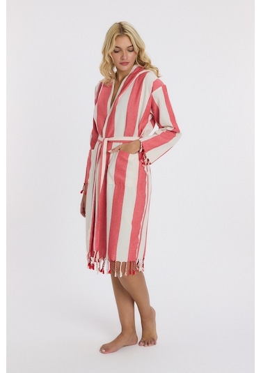 Mulberry Striped Peştemal Bornoz Banyo Ve Plaj Elbisesi Kırmızı