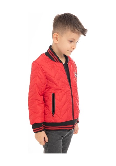 Erkek Çocuk Kırmızı Kolej Yaka İçi Astarlı Su Ve Rüzgar Geçirmez Fermuarlı Cep Mont Kırmızı