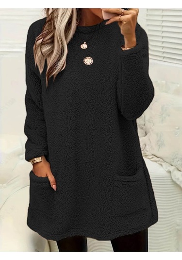 Leyla Sanat Sanata Yeni Bir Bakış Açısı Kadın Uzun Kollu Yuvarlak Yakalı Cepli Peluş Bluz Siyah