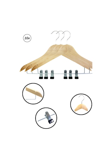 Natural Ahşap Mandallı Etek ve Pantolon Askısı 10 Adet Kahverengi