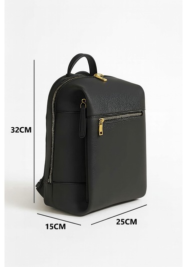 Kadın Deri Sırt Çantası Gold Detay Geniş Hacimli Altın Fermuarlı Siyah - Altın